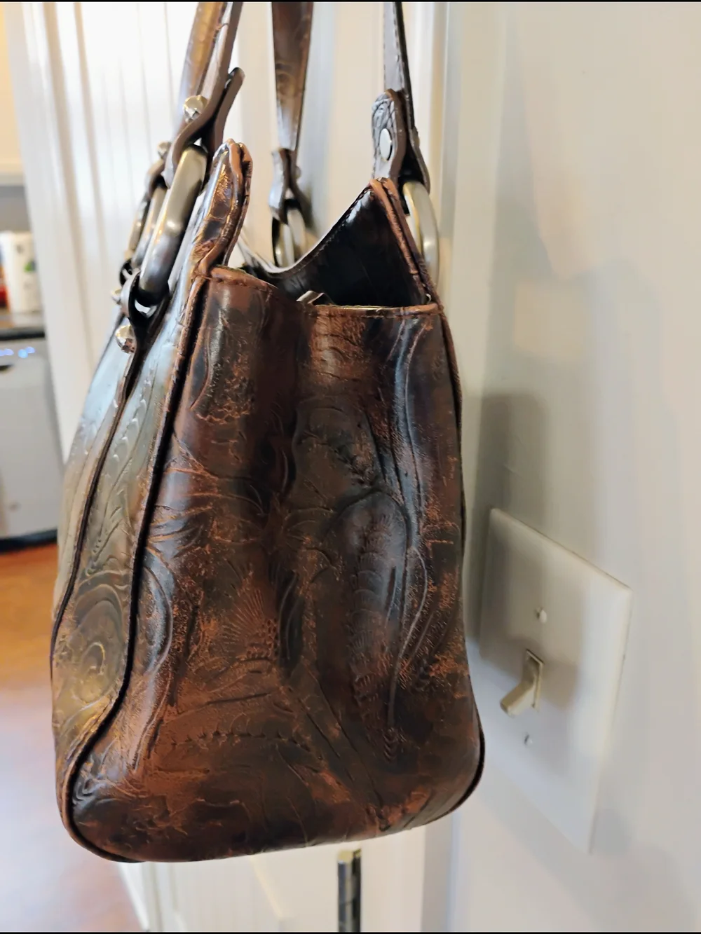 Nine West Brown Floral Faux Leather Shoulder Tote Bag Sliver Ring Accents